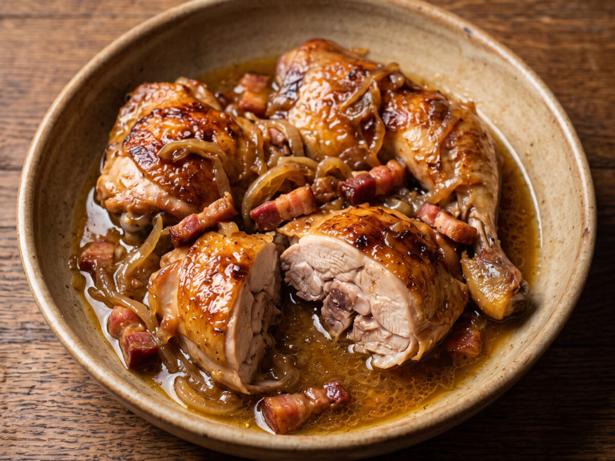 Bier-Schmortopf mit Hähnchen, Speck und Zwiebeln