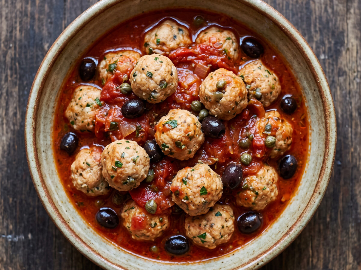Brotpolpette mit Kapern-Oliven-Sugo