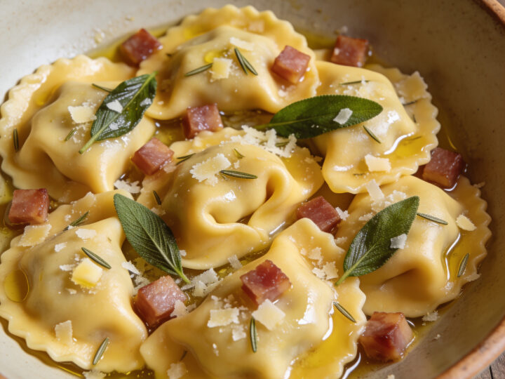 Gefüllte Pasta, halbmondförmig | Casoncelli alla bergamasca | Herzhafte Füllung, süße Rosinen und Salbei-Butter mit Pancetta.