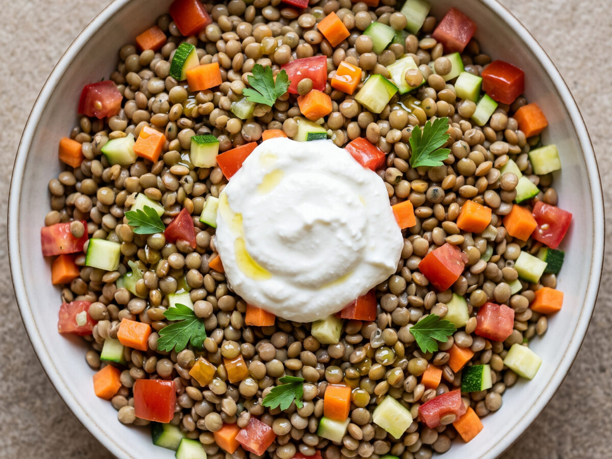 Castelluccio-Linsen mit knackigem Gemüse und Ricotta