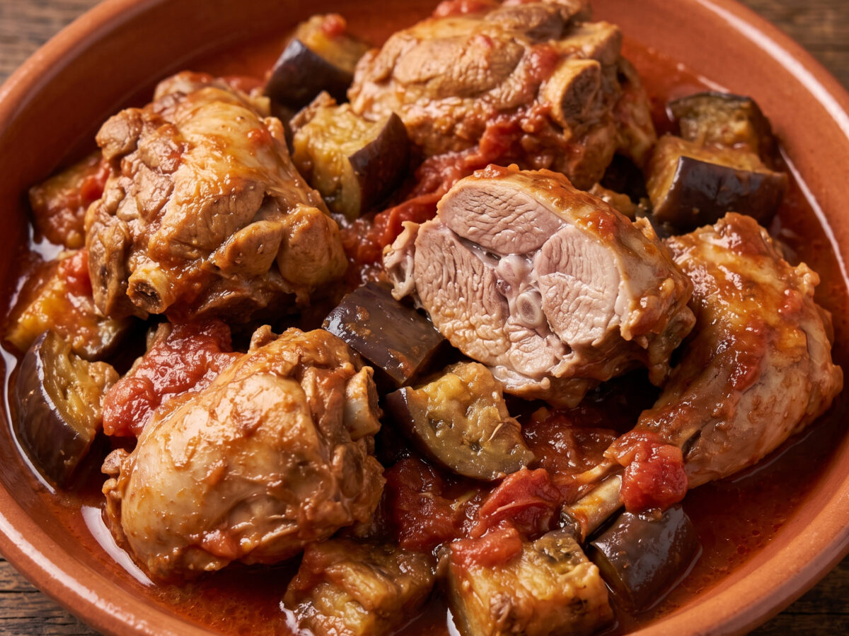 Coniglio con le melanzane e pomodoro