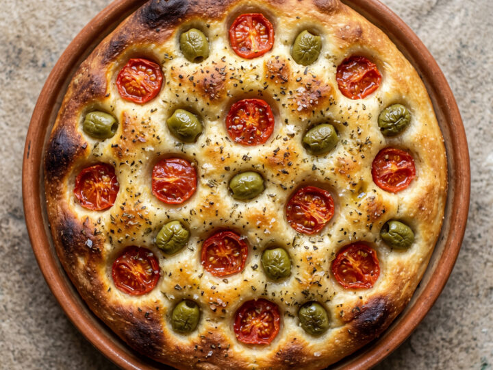 Focaccia barese: Kartoffelteig mit Tomaten und Oliven