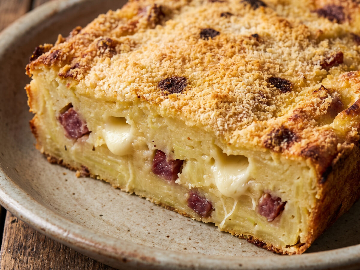 Herzhafter Kartoffelauflauf aus Kampanien | Gattò di patate mit Salame und Provola | Cremiger Kartoffelstampf, Salame Napoli und Provola, goldbraun gebacken.