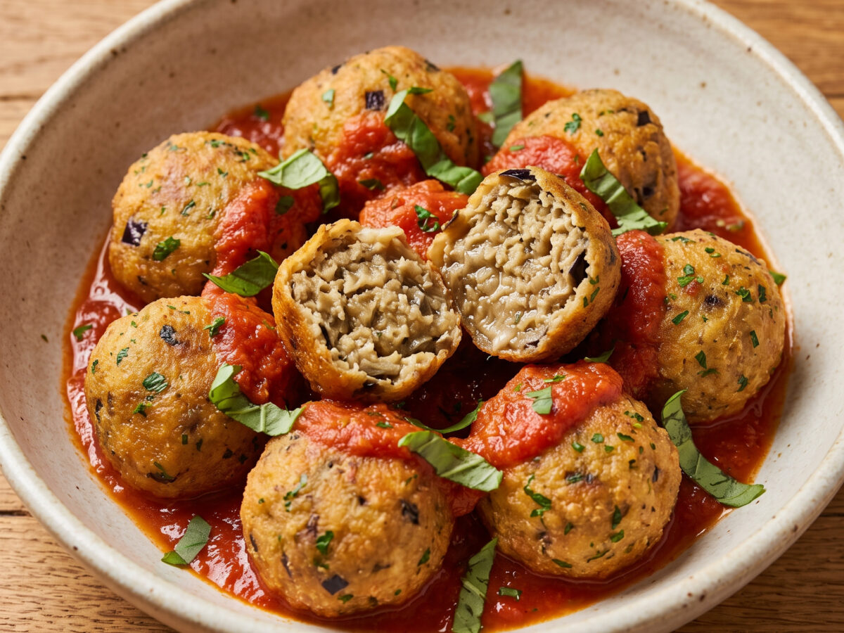 Goldbraune Auberginenbällchen im Tomatensugo