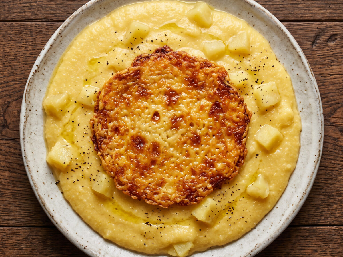 Goldene Kartoffelkruste auf cremiger Maispolenta