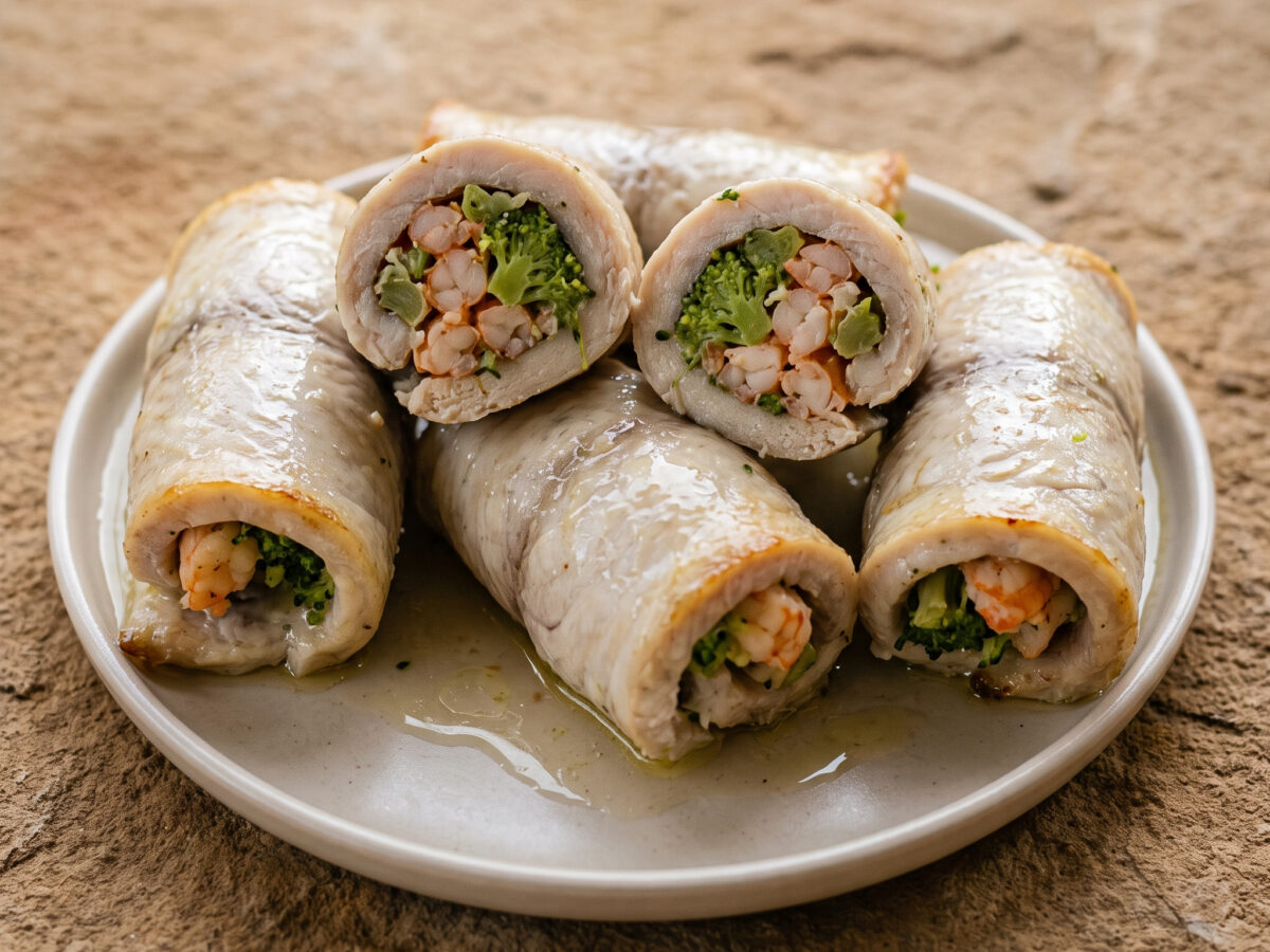 Involtini di pesce spada mit Garnelen und Broccoli