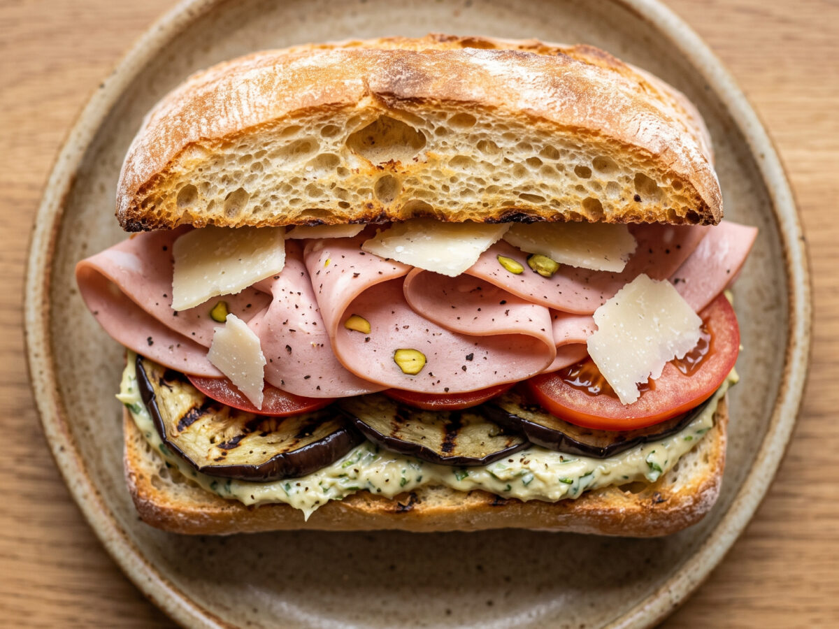 Panino con mortadella mit Aubergine und Artischocke