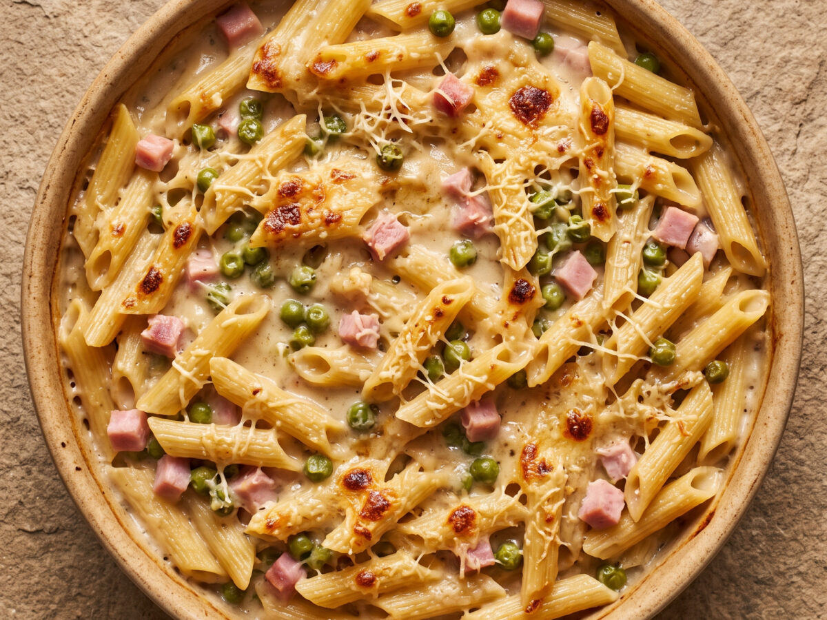 Pasta al forno mit Kochschinken und Erbsen
