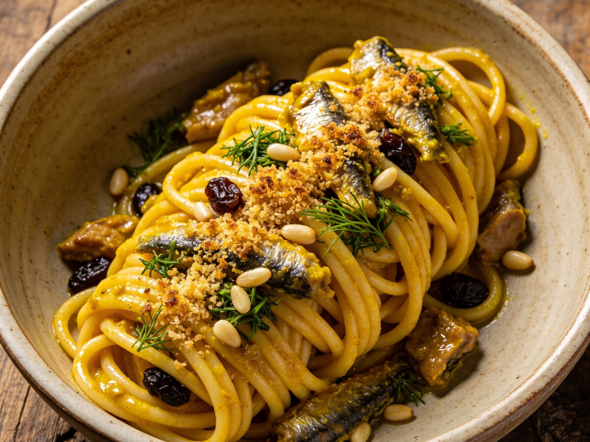 Sizilianische Pastaküche | Pasta con le sarde alla palermitana | Sardinen, Wildfenchel und Rosinen, mit knusprigen Brotbröseln überbacken.