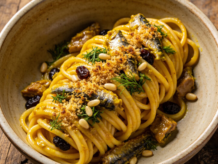 Sizilianische Pastaküche | Pasta con le sarde alla palermitana | Sardinen, Wildfenchel und Rosinen, mit knusprigen Brotbröseln überbacken.