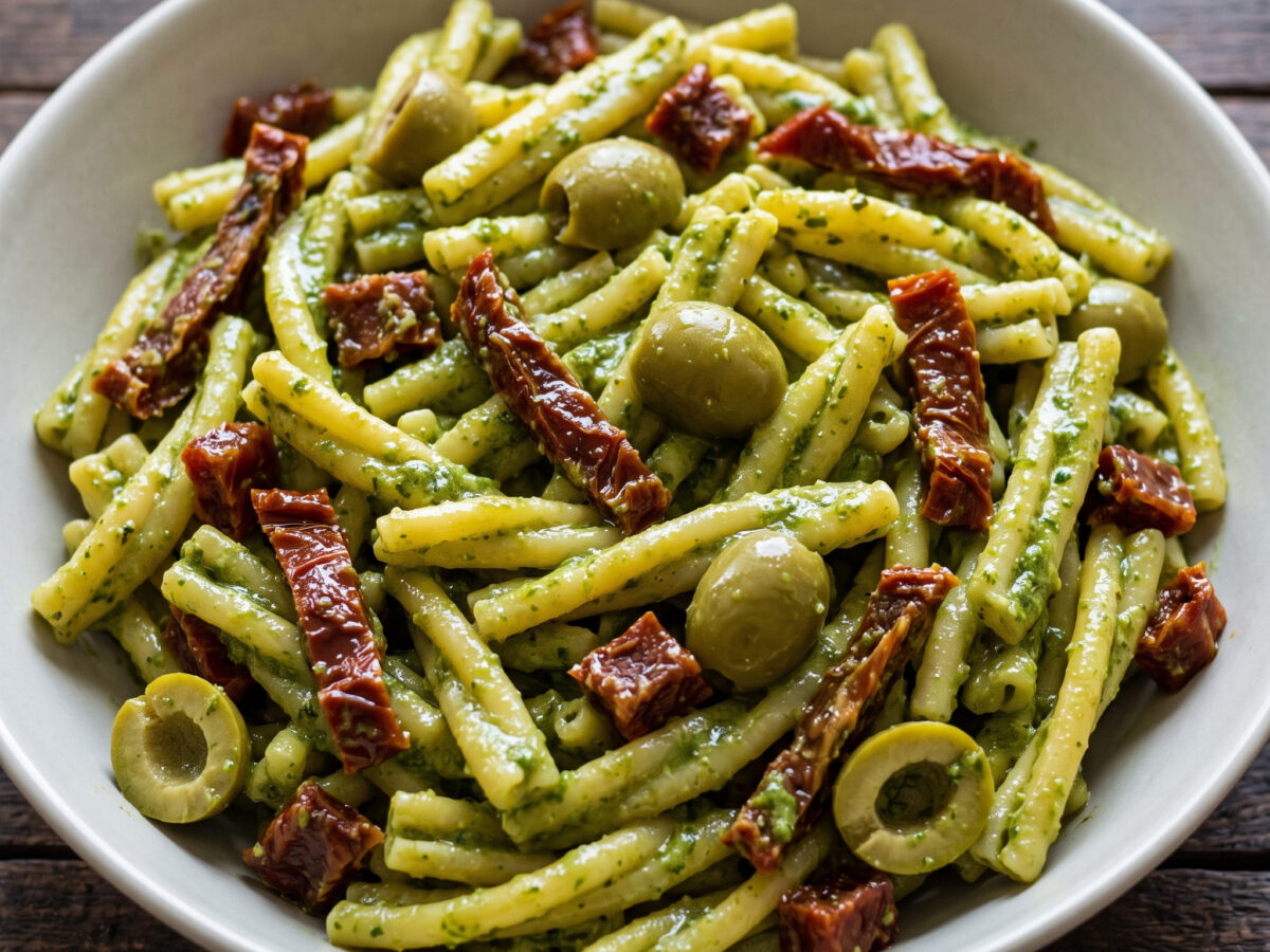 Pasta fredda al pesto genovese mit getrockneten Tomaten und Oliven