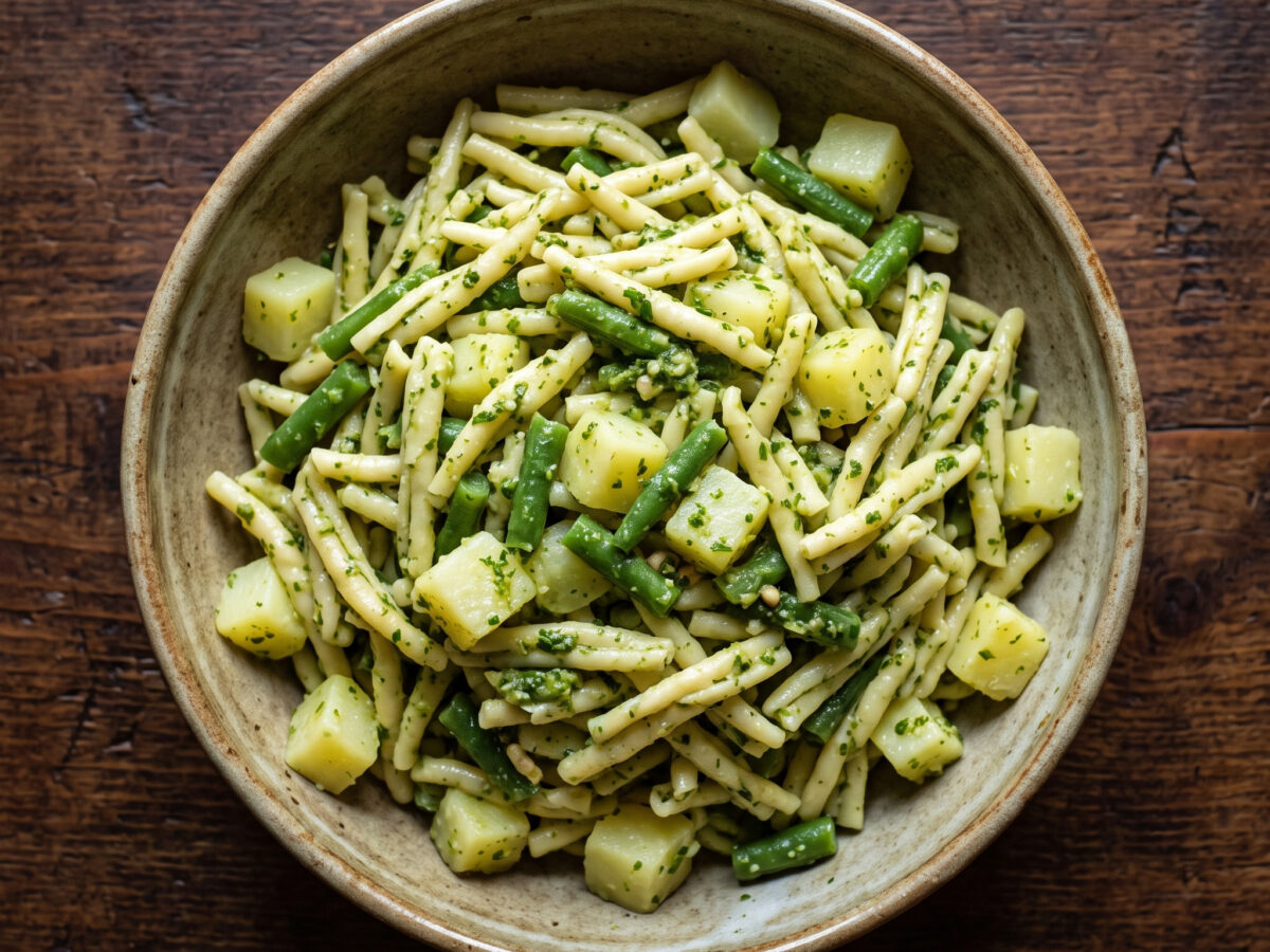 Pasta fredda al pesto mit Kartoffeln und grünen Bohnen