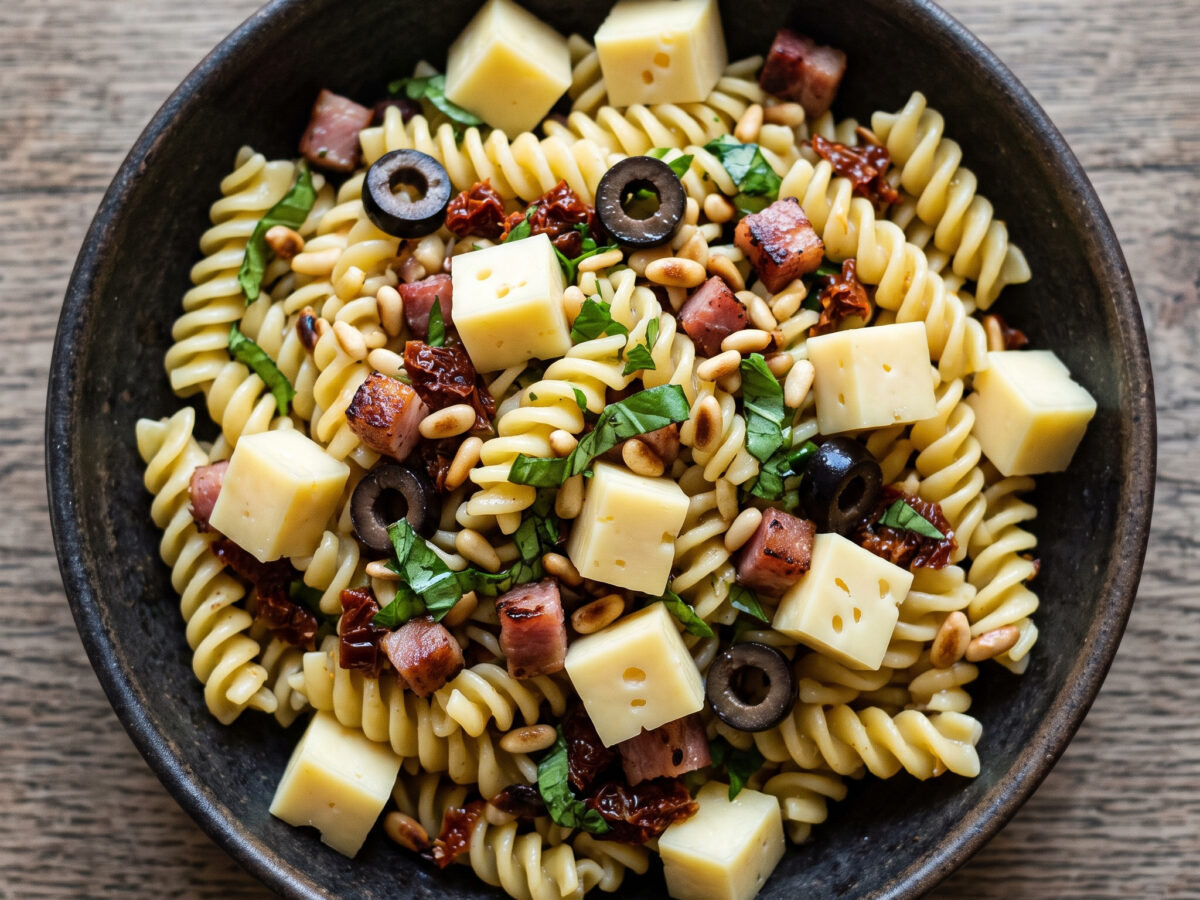 Pasta fredda mit Montasio, Oliven und getrockneten Tomaten