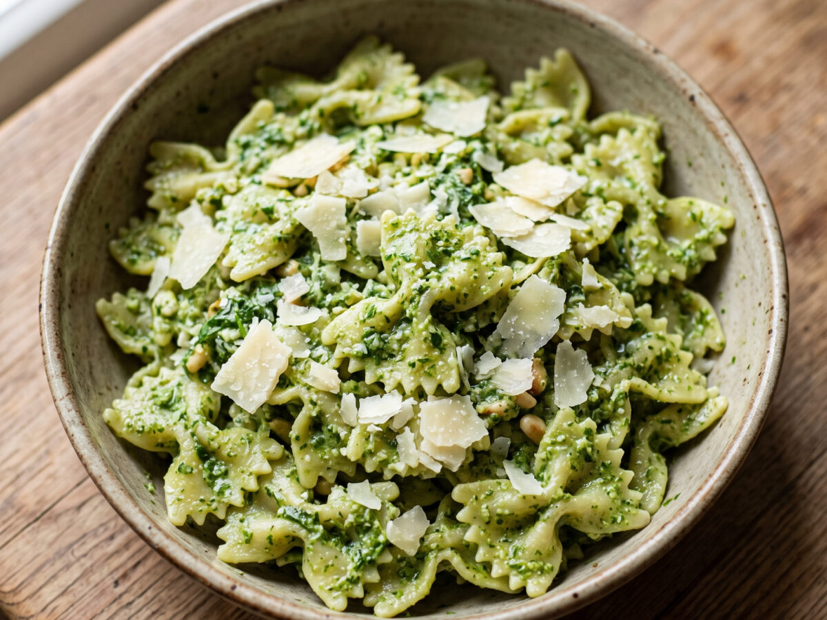 Pasta fredda mit Rucola-Pesto und Parmigiano Reggiano