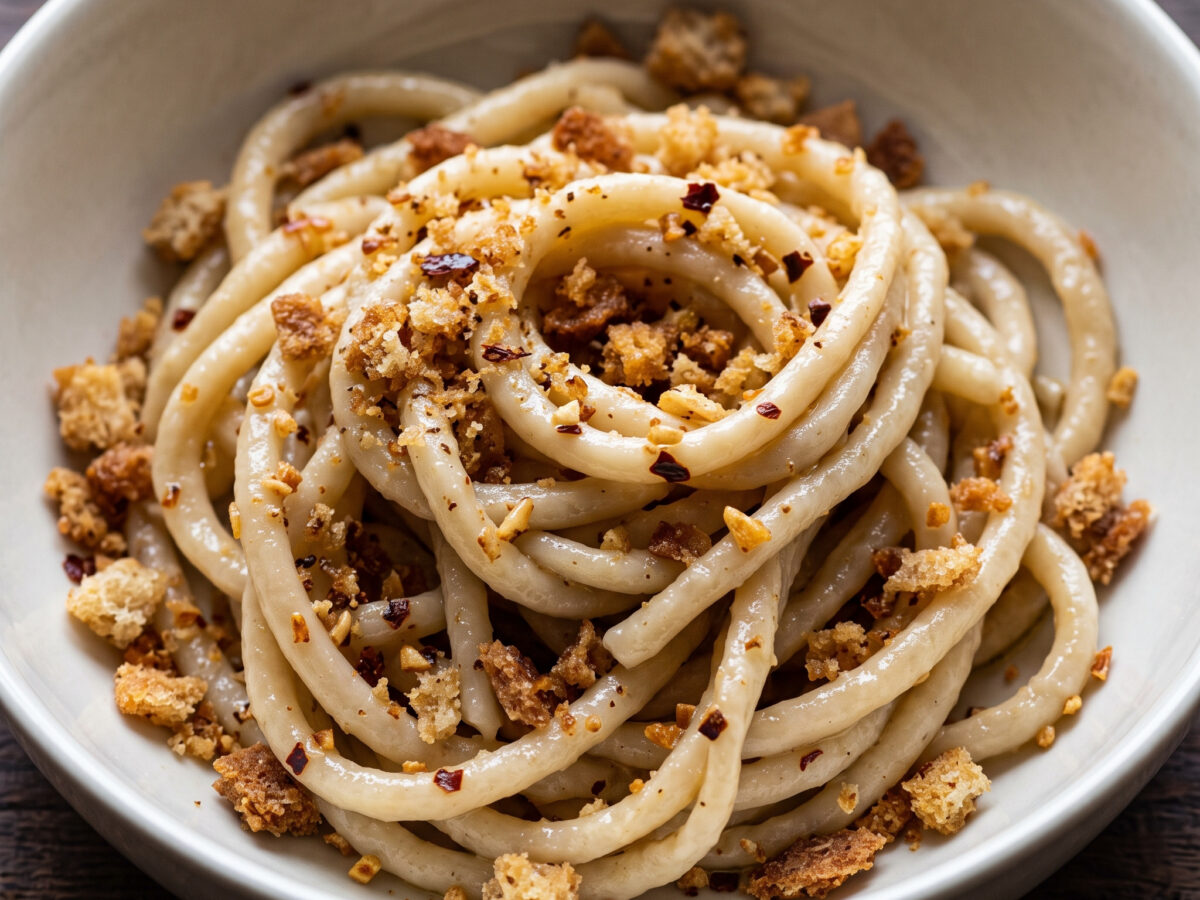Pici alla briciola: knusprige Brotbrösel auf toskanischer Pasta