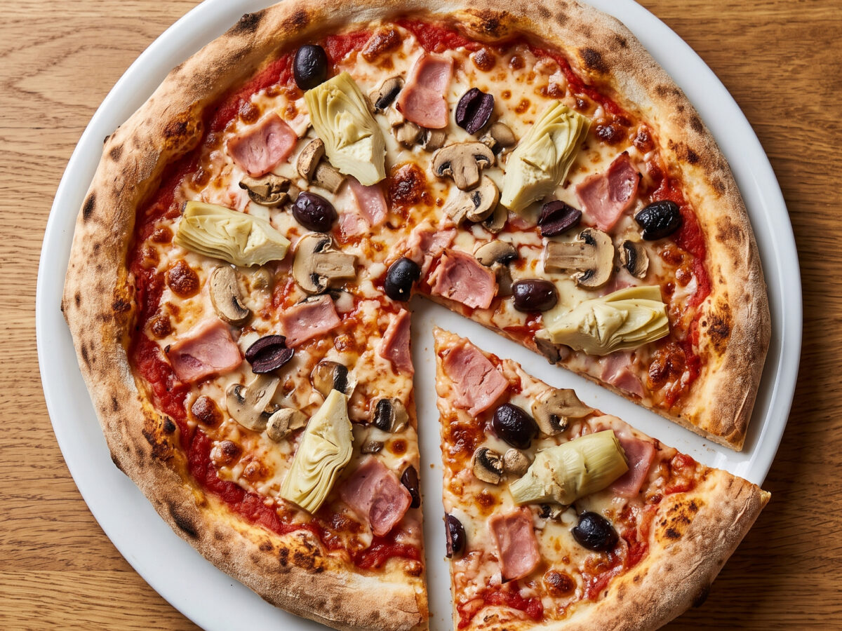 Pizza Capricciosa mit lang geführtem Teig