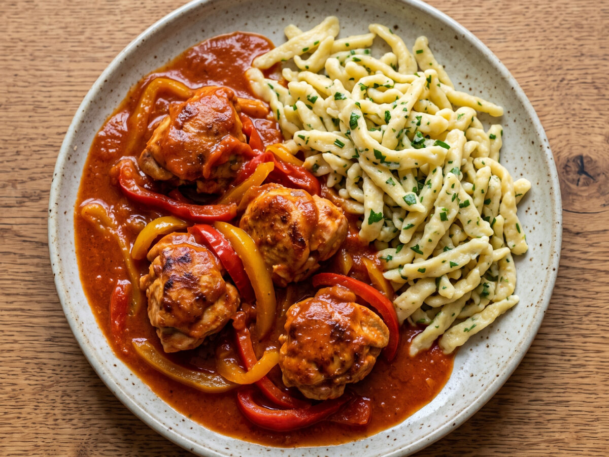 Pollo alla paprica mit Paprika und Kräuterspätzle
