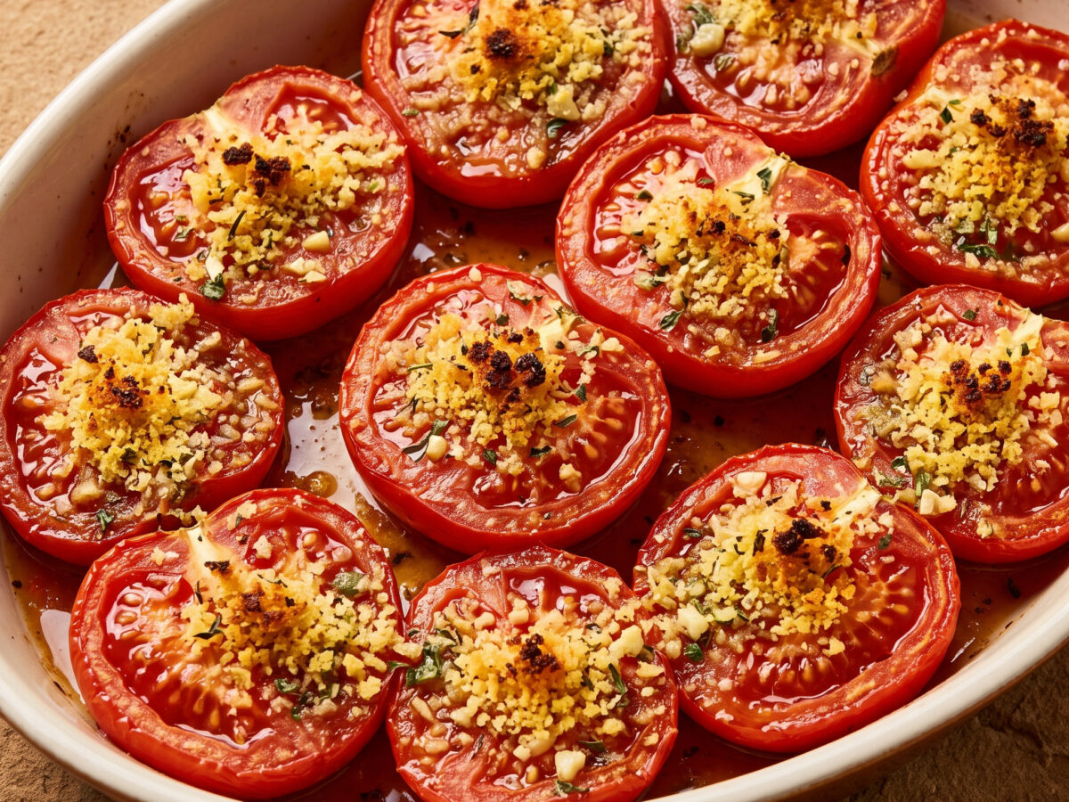 Saftige Tomaten, goldbraun überbacken