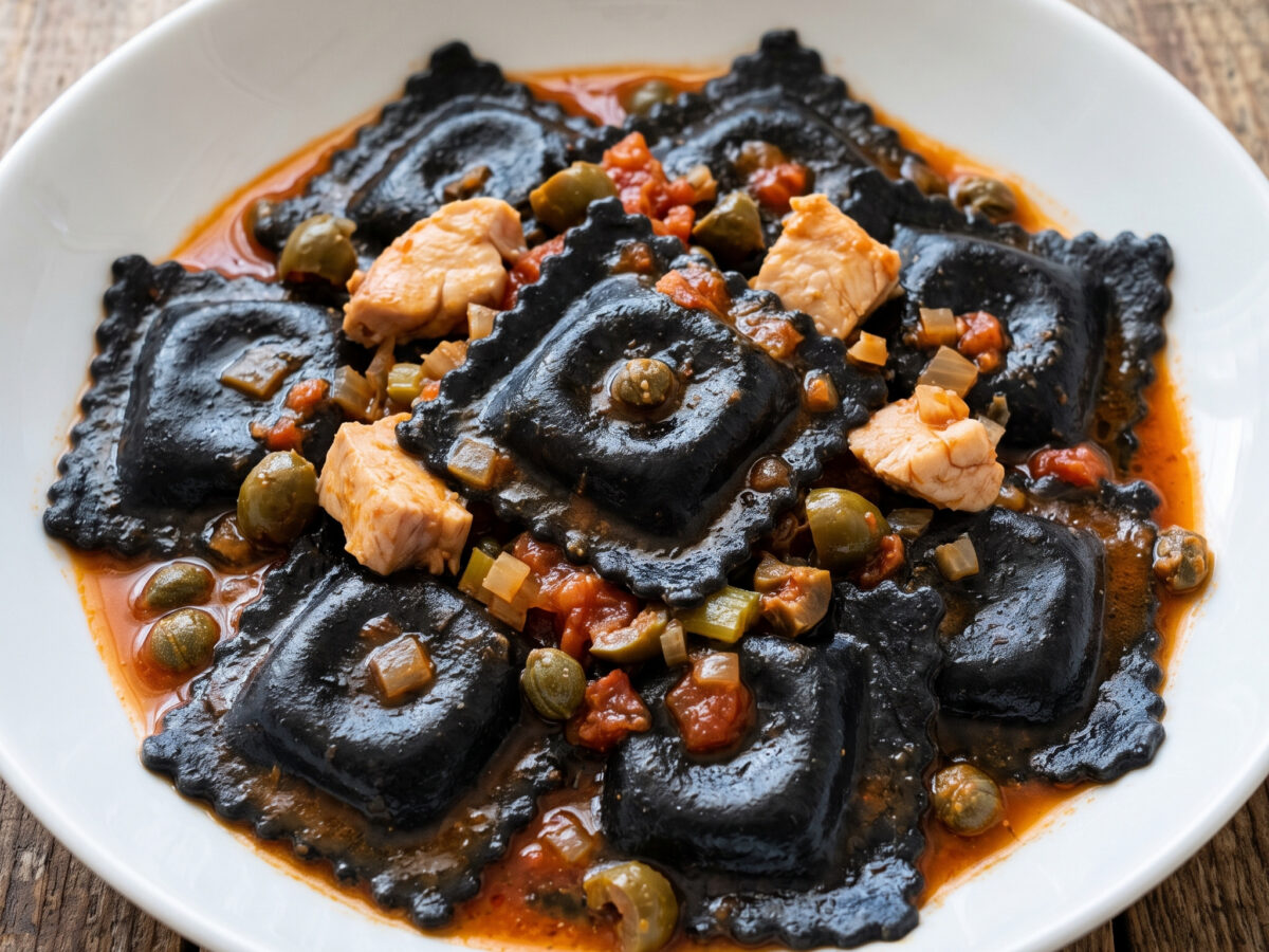 Ravioli neri alla ghiotta di pesce spada