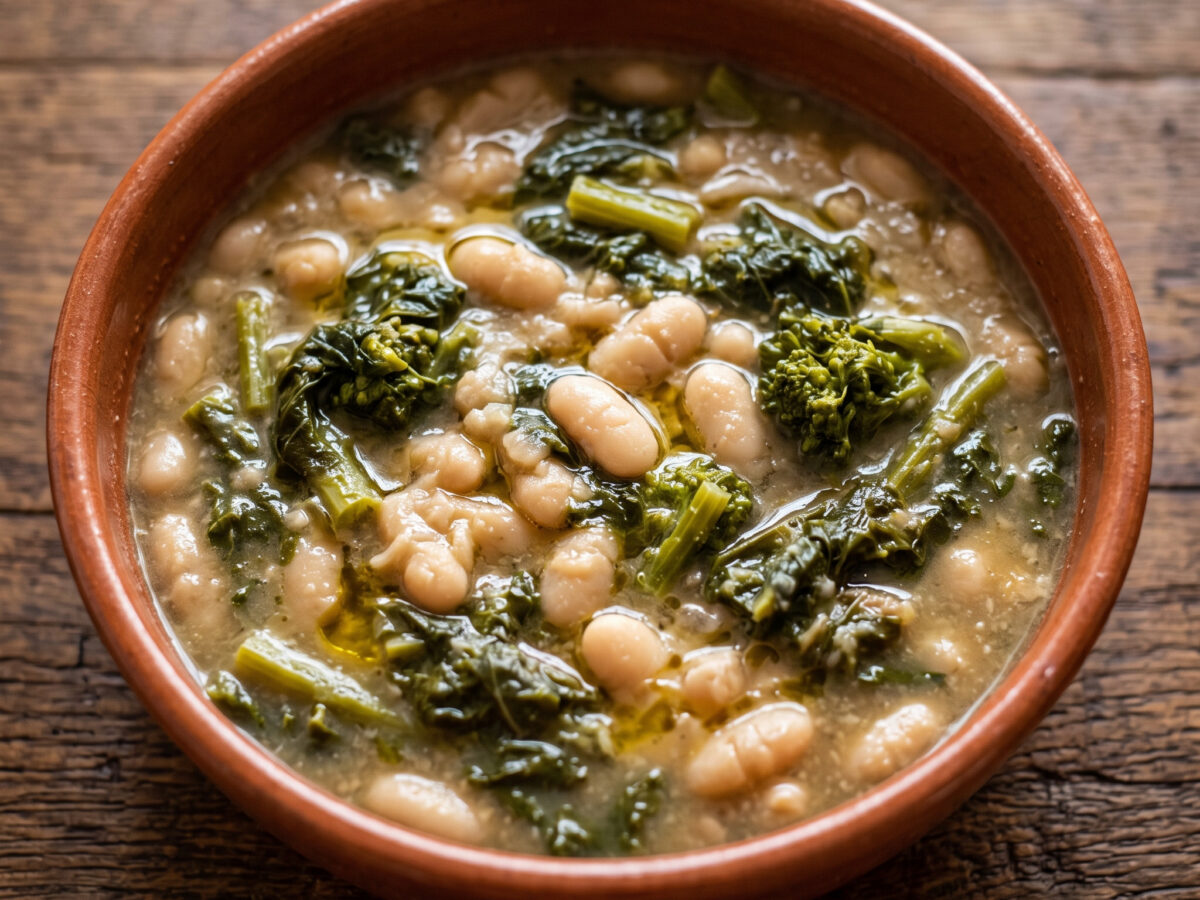 Rustikale Bohnensuppe mit herben Rübenspitzen