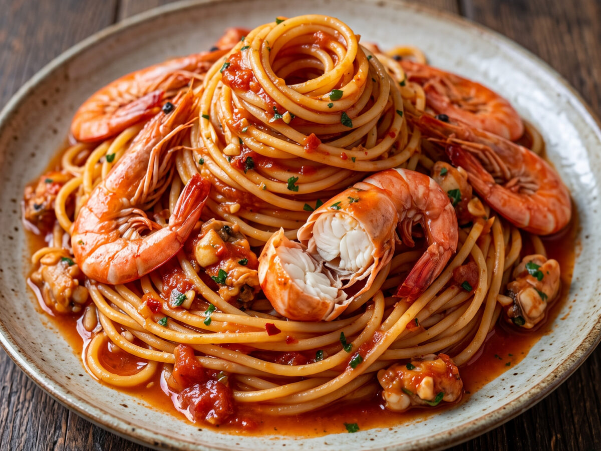Spaghetti alla busara mit Scampi