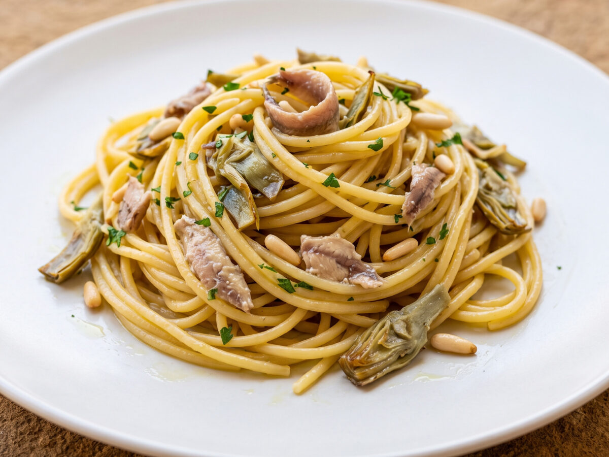 Spaghetti con acciughe fresche e carciofi d’Albenga