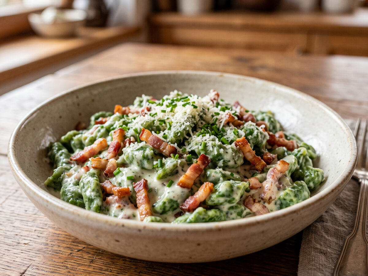 Spinatspätzle mit Speck und Sahne