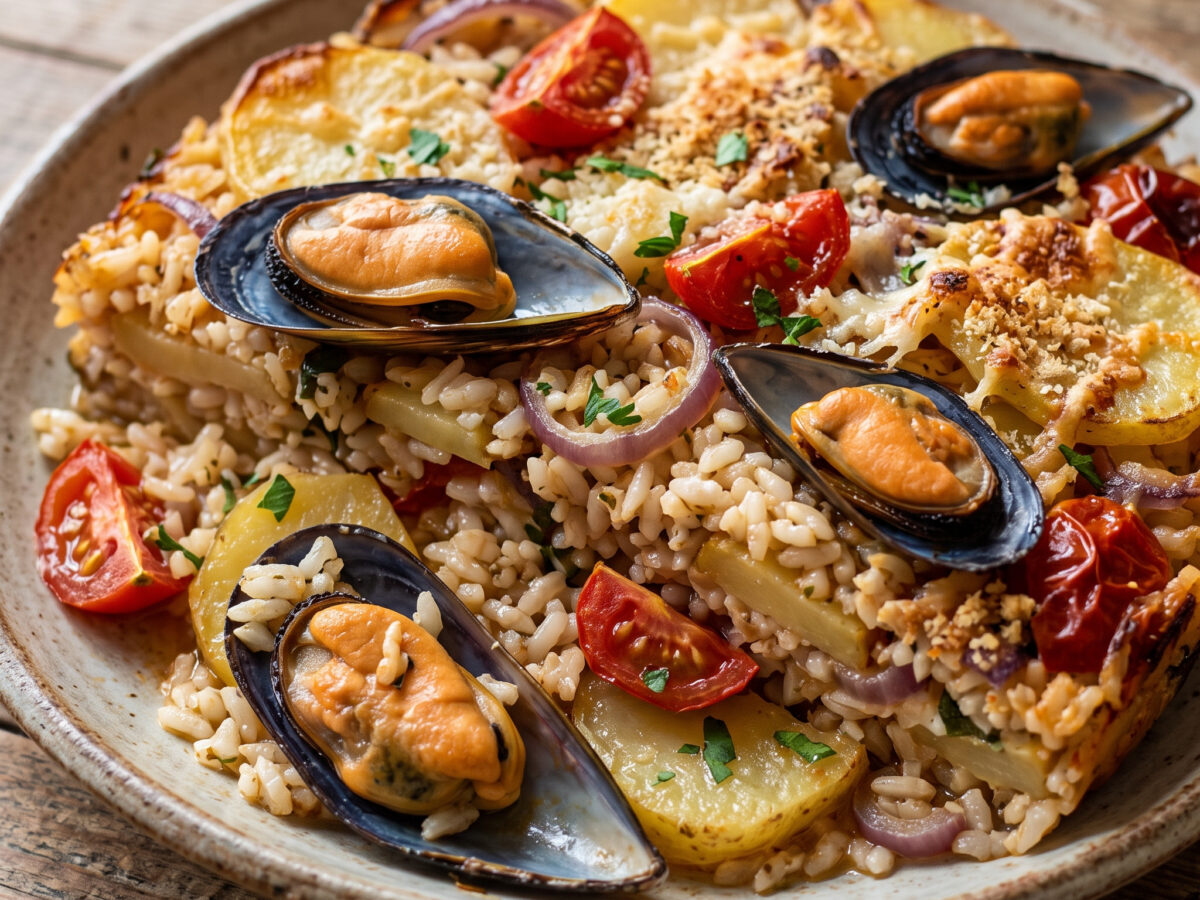 Ofenreis aus Apulien | Tiella barese | Saftiger Ofenreis mit Muscheln, Kartoffeln und Tomaten, goldbraun überbacken.