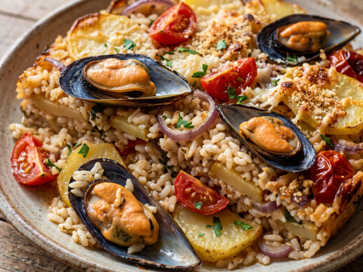 Ofenreis aus Apulien | Tiella barese | Saftiger Ofenreis mit Muscheln, Kartoffeln und Tomaten, goldbraun überbacken.