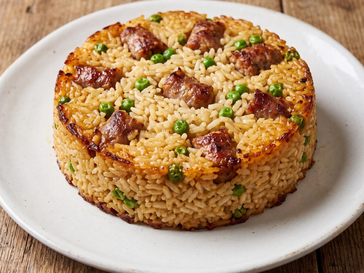 Timballa di riso con salsiccia e piselli