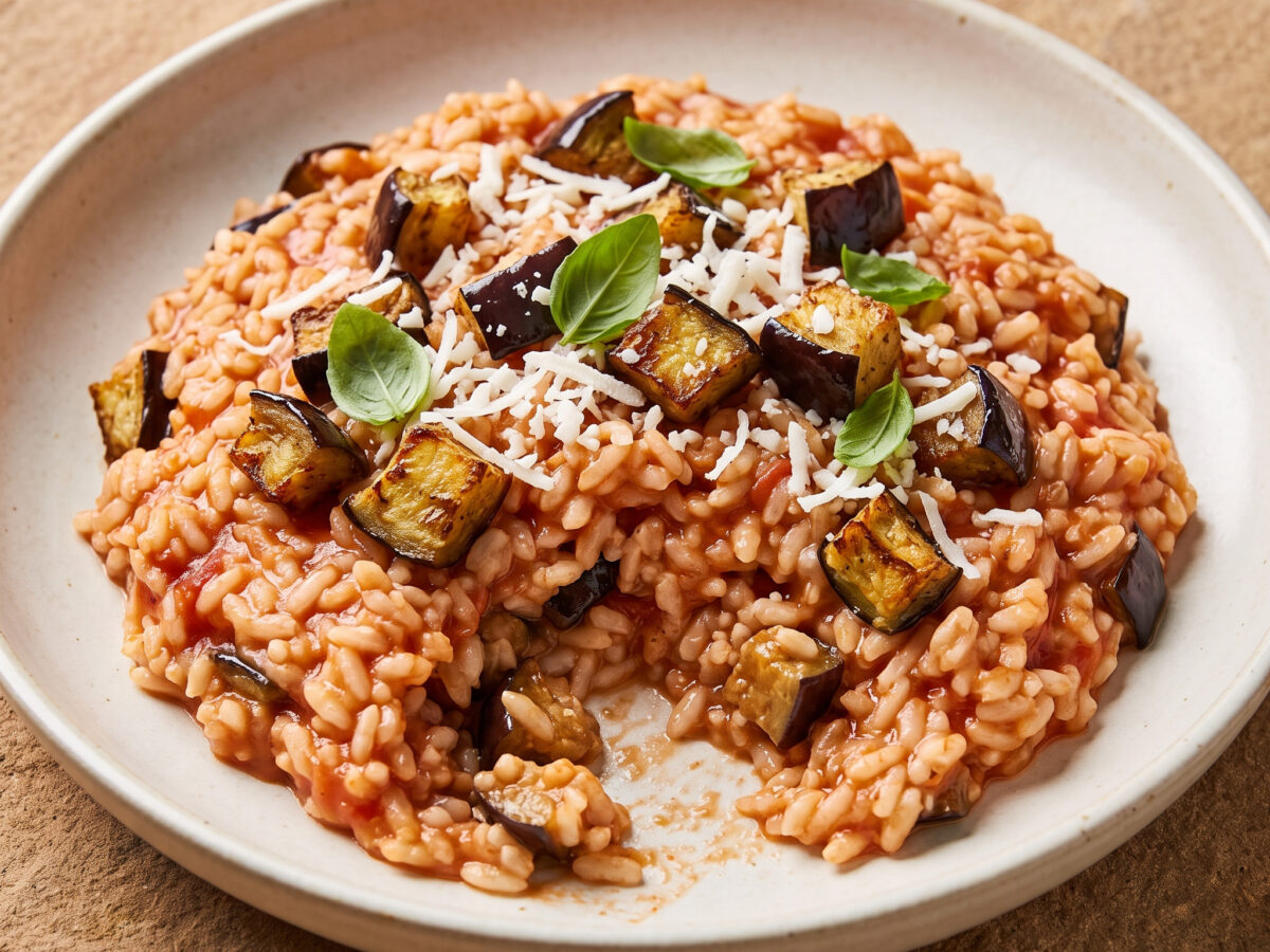 Tomate, Aubergine und Ricotta salata im cremigen Reis