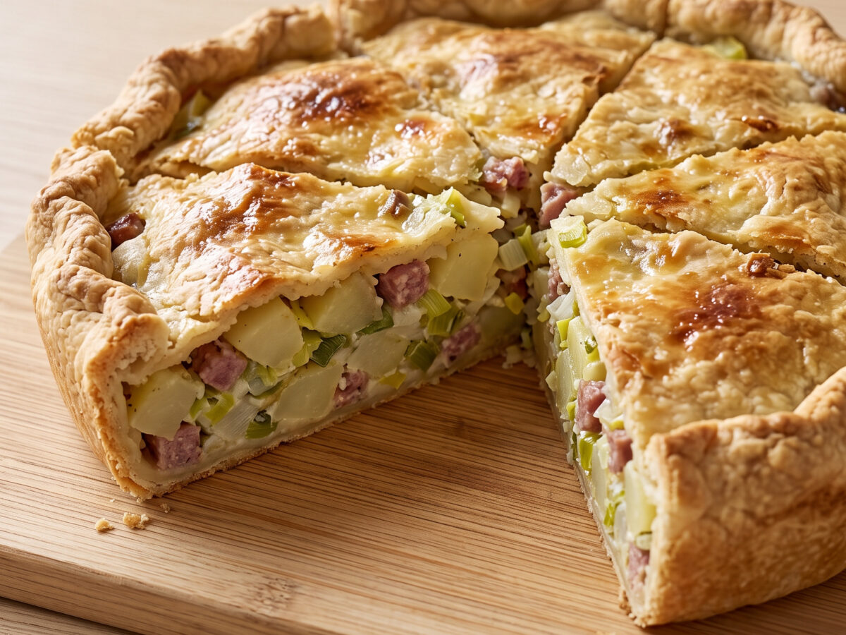 Torta rustica mit Kartoffeln, Porree und Sopressa