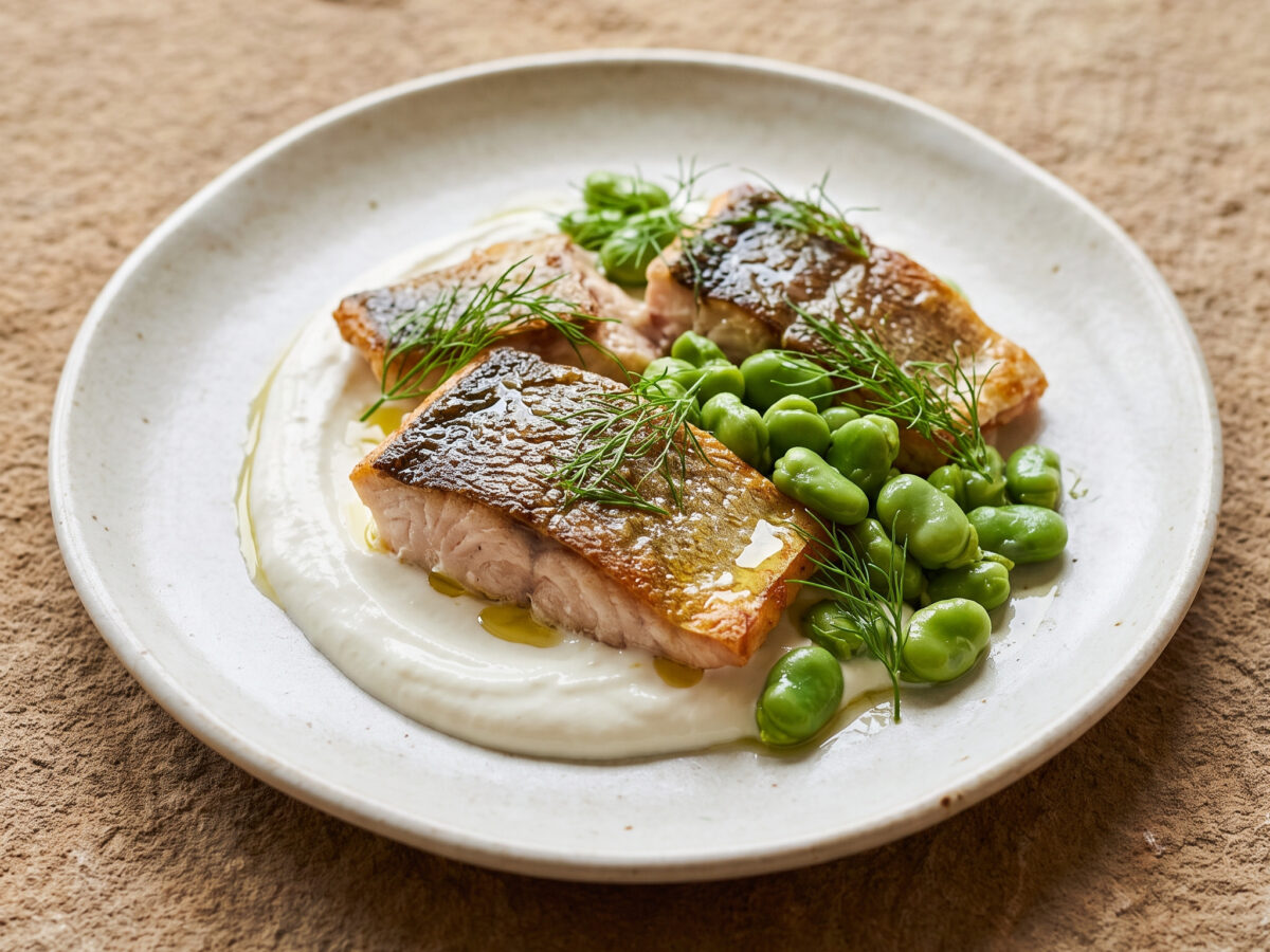 Trota mit Zitronenrahm, Favabohnen und Wildfenchel