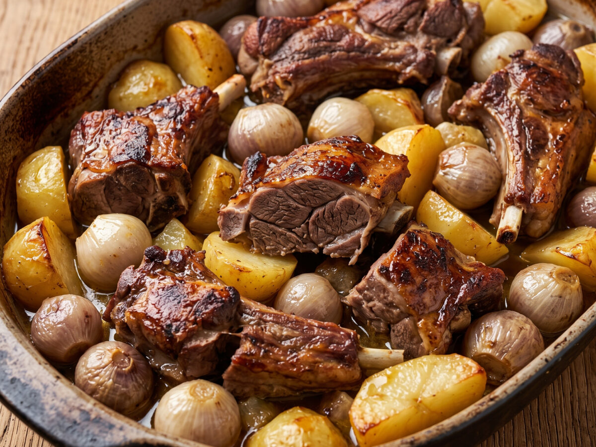 Capretto al forno con patate e lampascioni