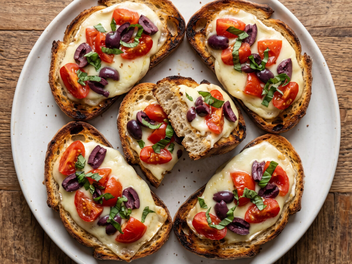 Crostini alla ciociara mit Ziegenkäse und Gaeta-Oliven