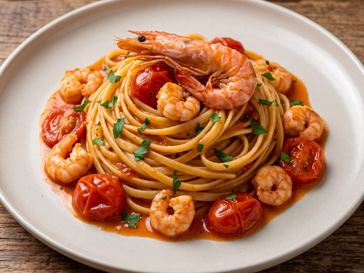 Linguine agli scampi mit Tomaten und Scampi-Fumet