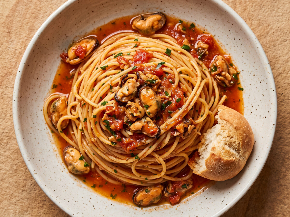 Muscheln, Tomate und ein kräftiger Sud