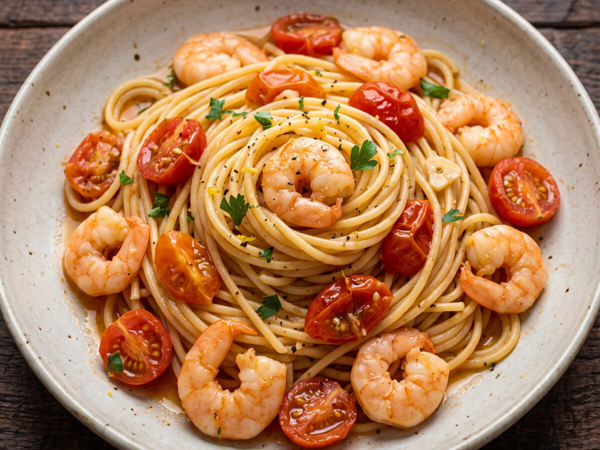 Spaghetti con gamberi e pomodorini