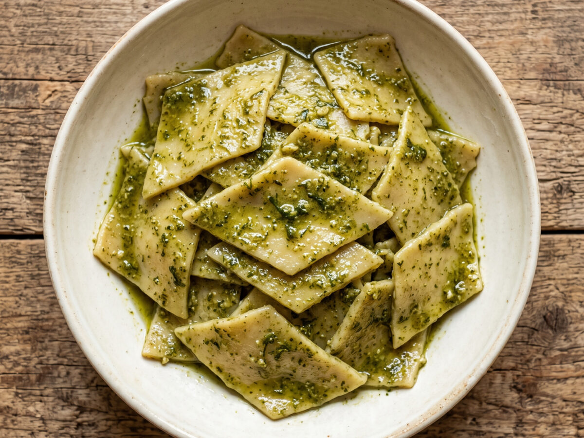Testaroli al pesto: zarte Teigrauten mit Basilikumpesto